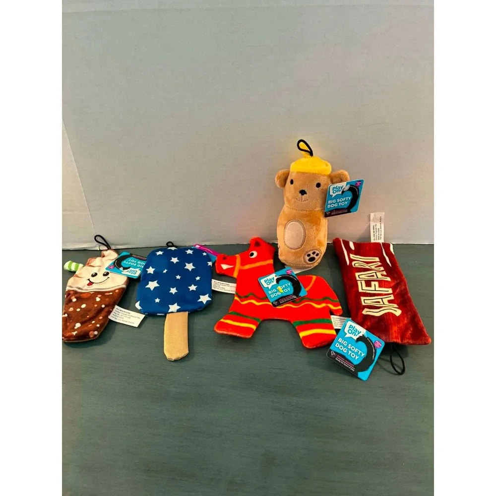 Play On Big Softy Dog Toy Bundle 6pc Multicolor New Plush Squeaky Variety Set